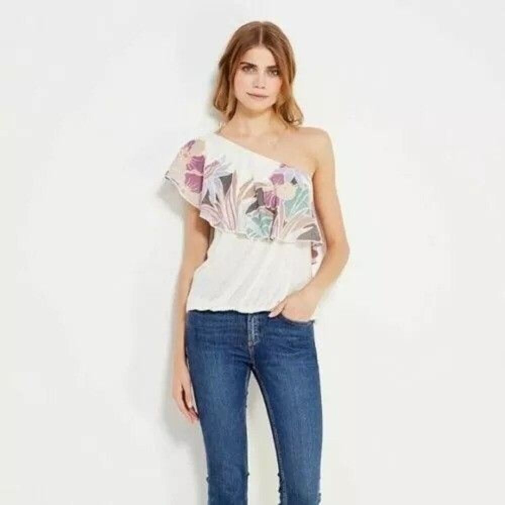 Free People Annka Bubble Blouse Top One-Shoulder Floral Printed Ivory S 278574